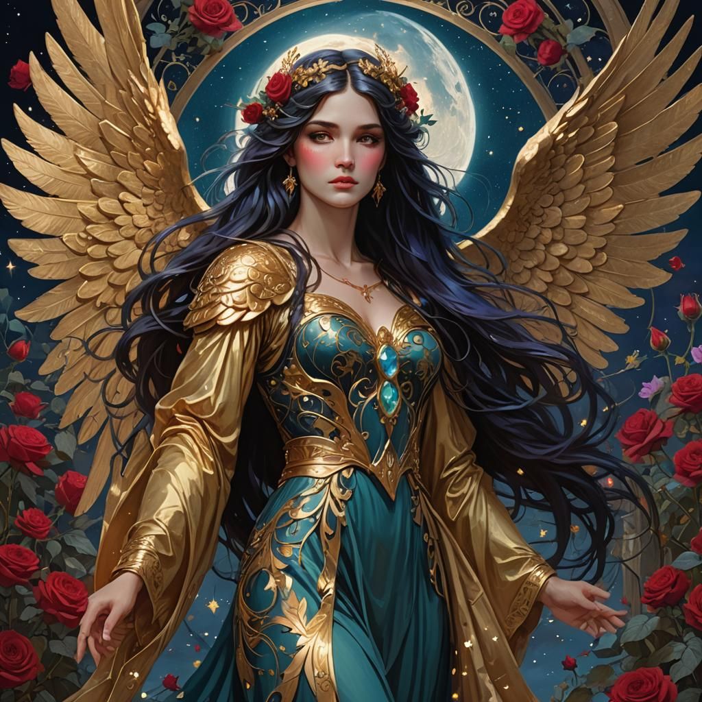 Golden Angel in Night Garden, Digital Art