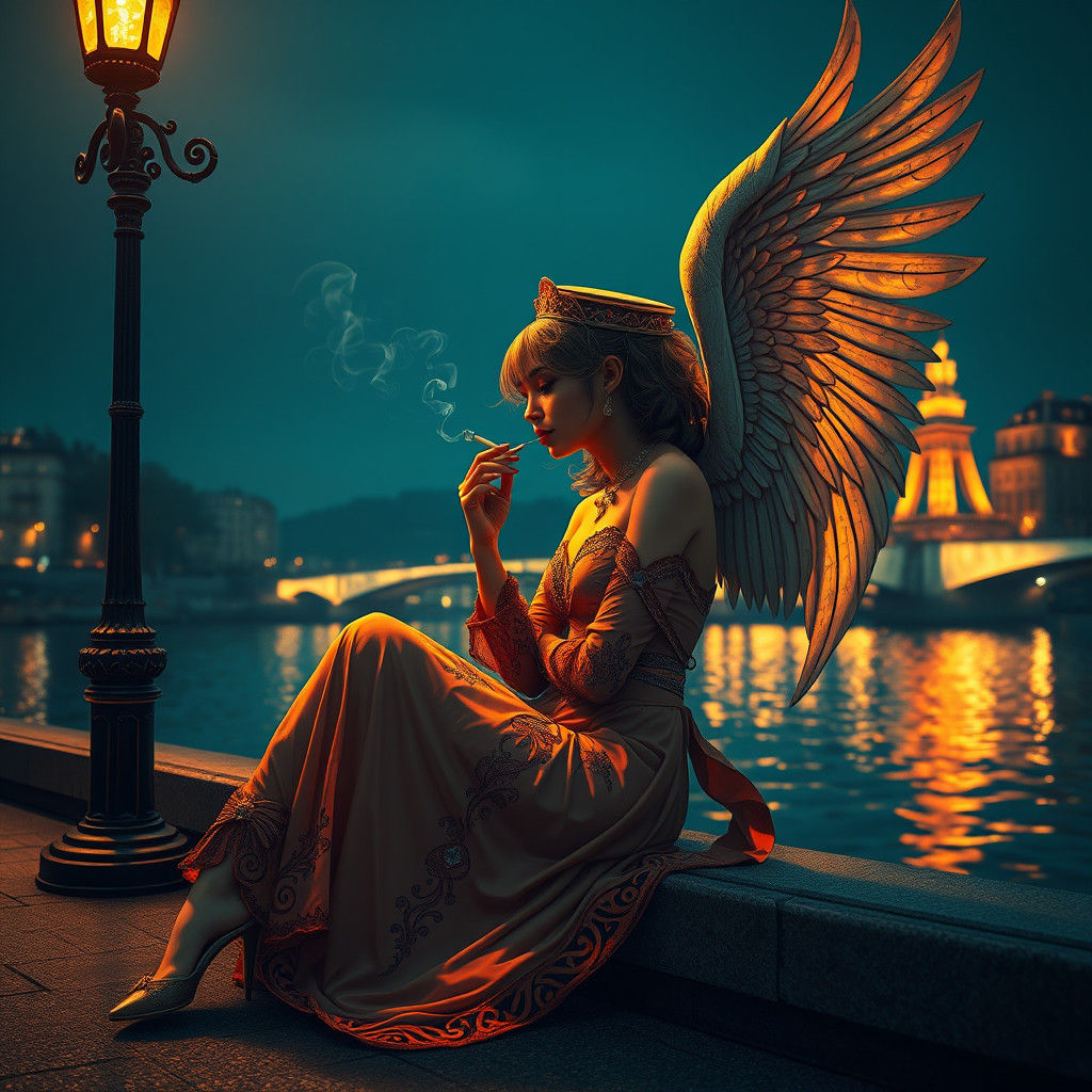 Art Nouveau Woman Lighting Cigarette at Night