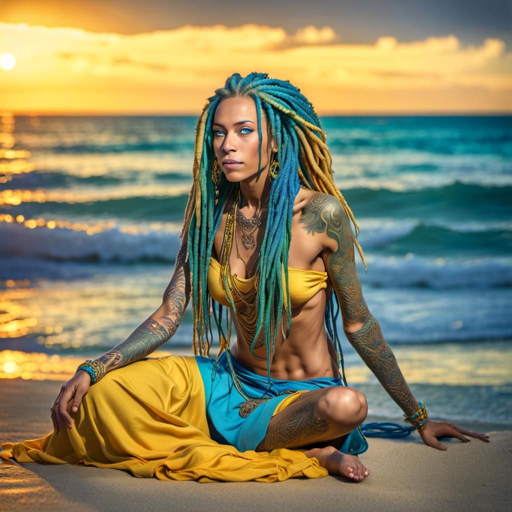 Woman with Jewels on Tropical Beach at Sunset