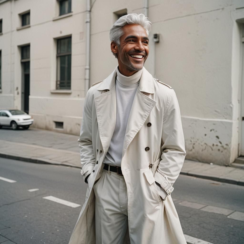 Cinematic Portrait of Smiling Man with Silver Hair