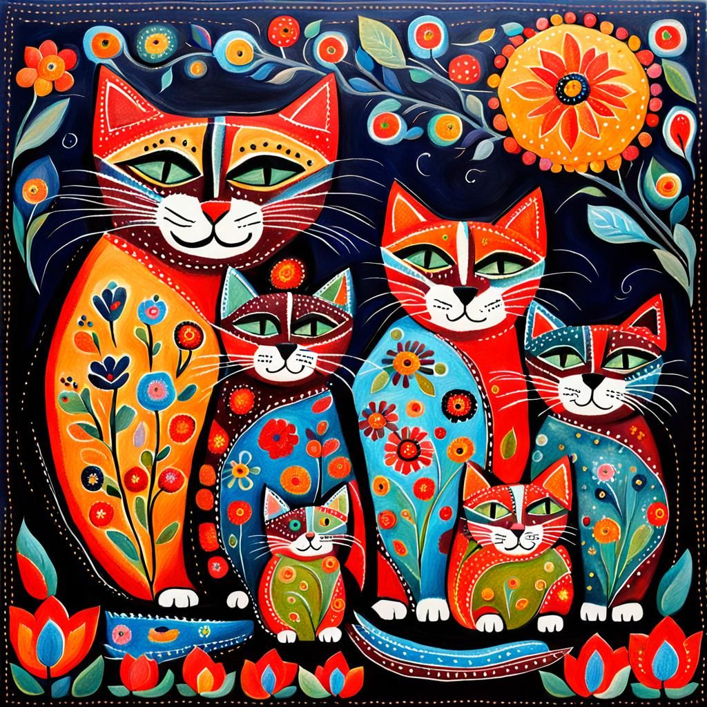 Mama Cat and Kittens in Folk Art Style