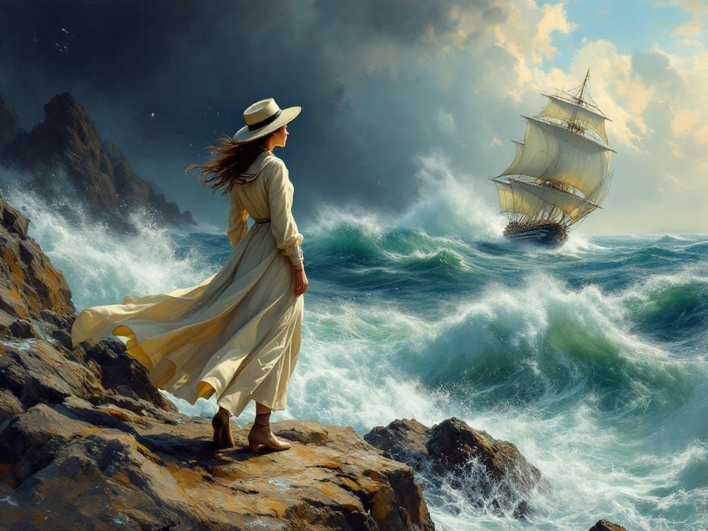 Woman Stands on Rocky Outcropping, Gazing Out at Stormy Seas...