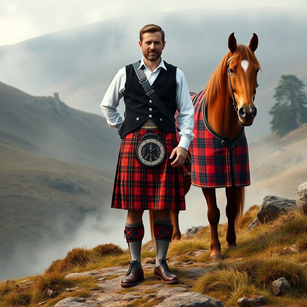Proud Scotsman with Kilt and Horse in Matching Plaid