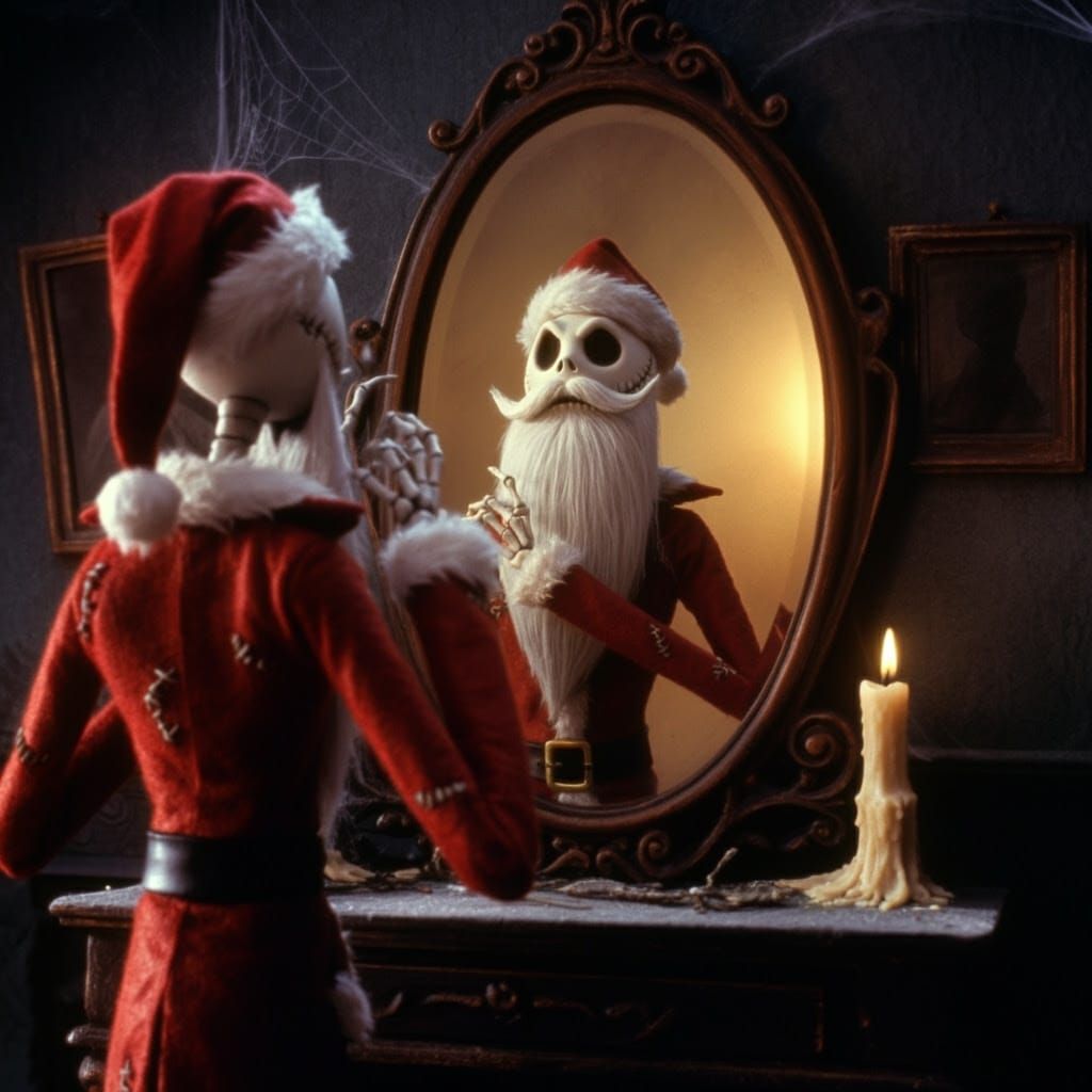 Skeletal Santa in Whimsical Gothic Chamber