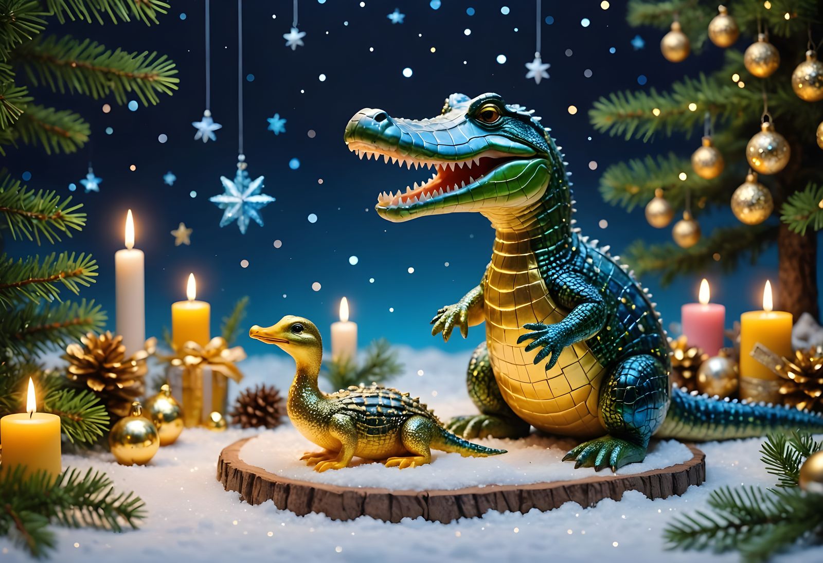 Whimsical Christmas Forest Scene in Iridescent Hologram Styl...