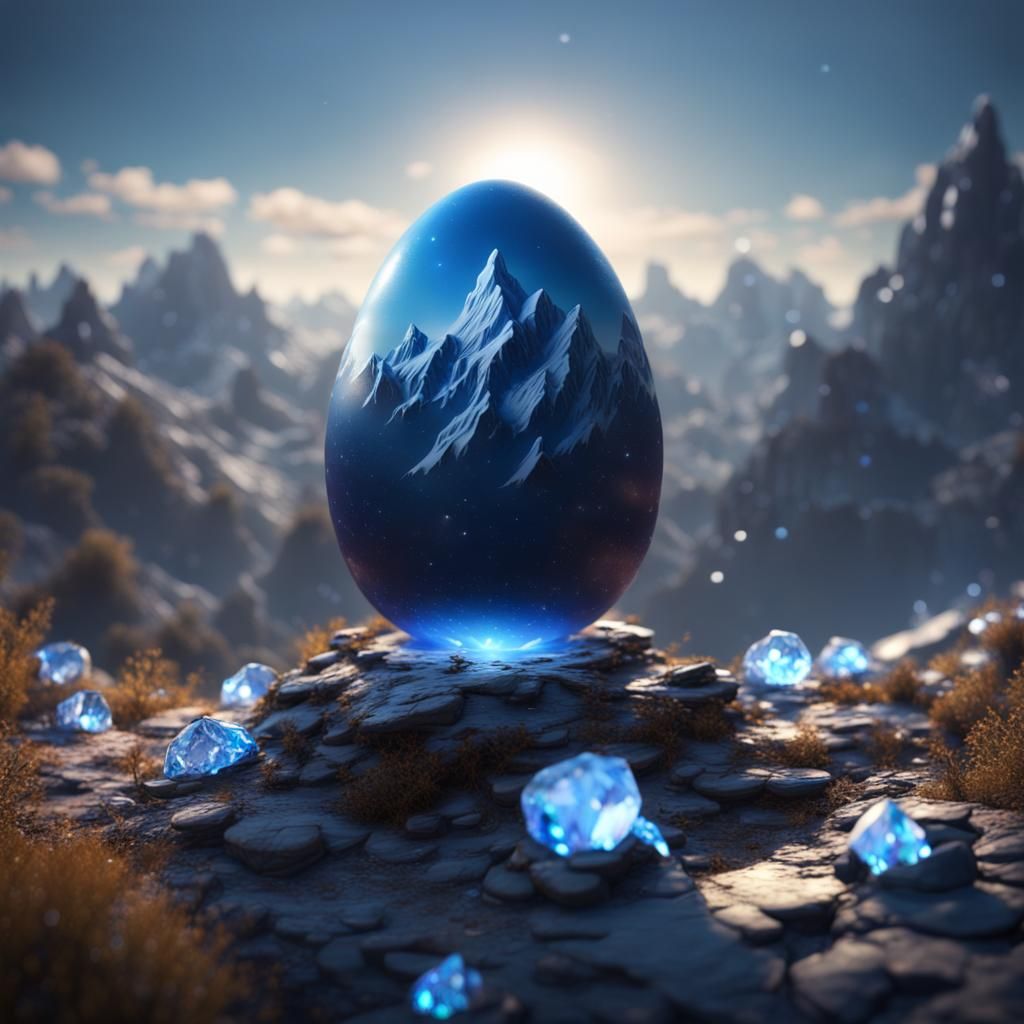 Crystal Egg with Blue Stars on Mountain, Detailed Matte Pain...