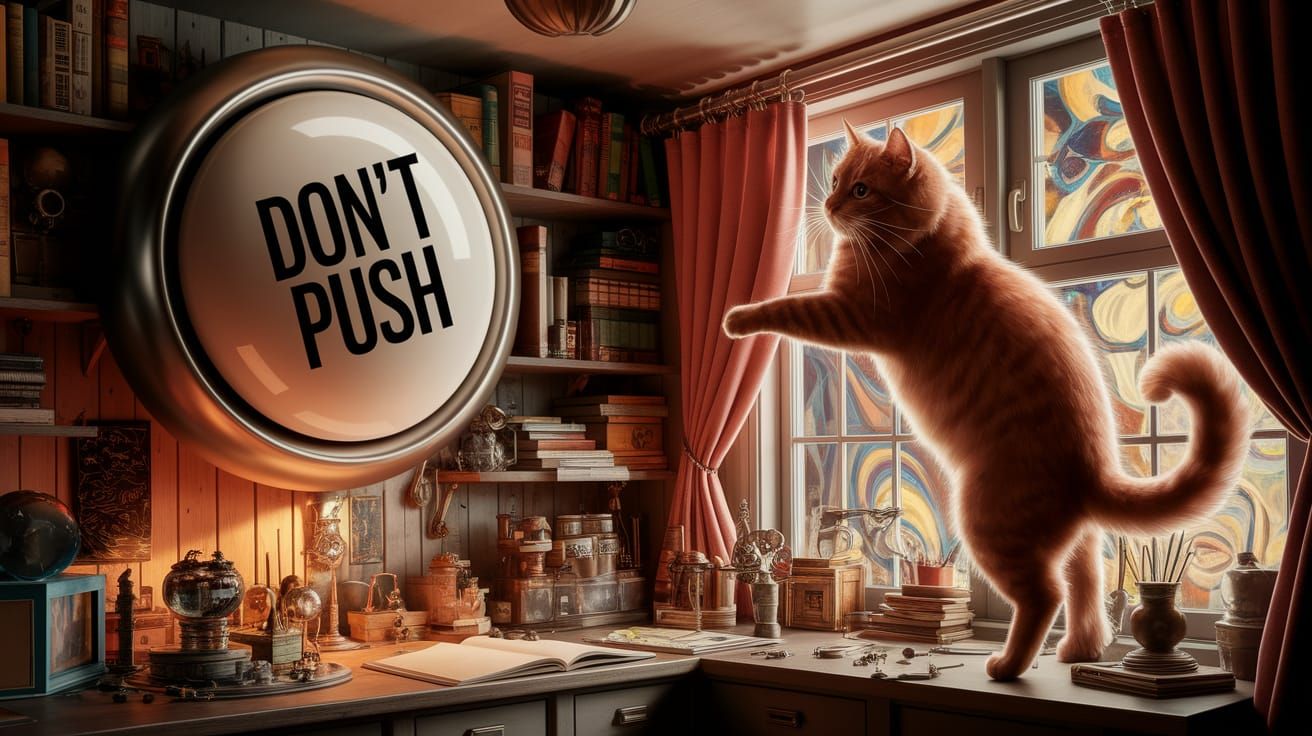 Whimsical Inventor's Workspace with Mischievous Cat