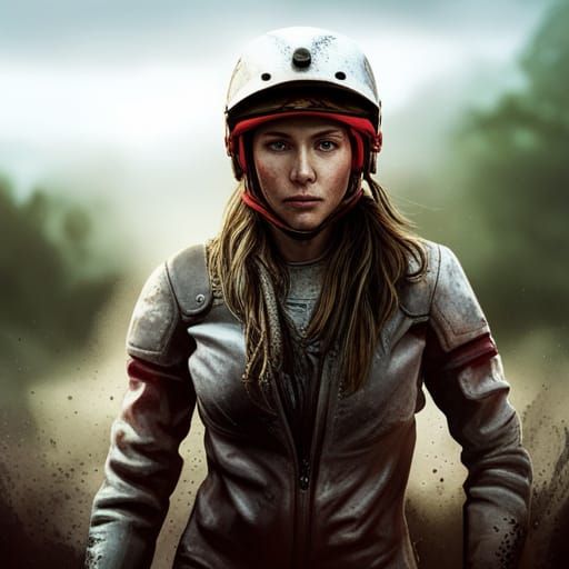 Dirt Biker Girl Portrait in Mud Contest, Detailed Painting