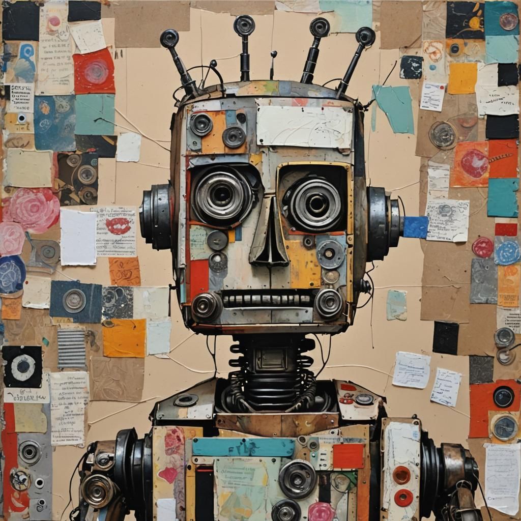 Vibrant Folk Art Portrait of a Scrap Robot in Mixed Media