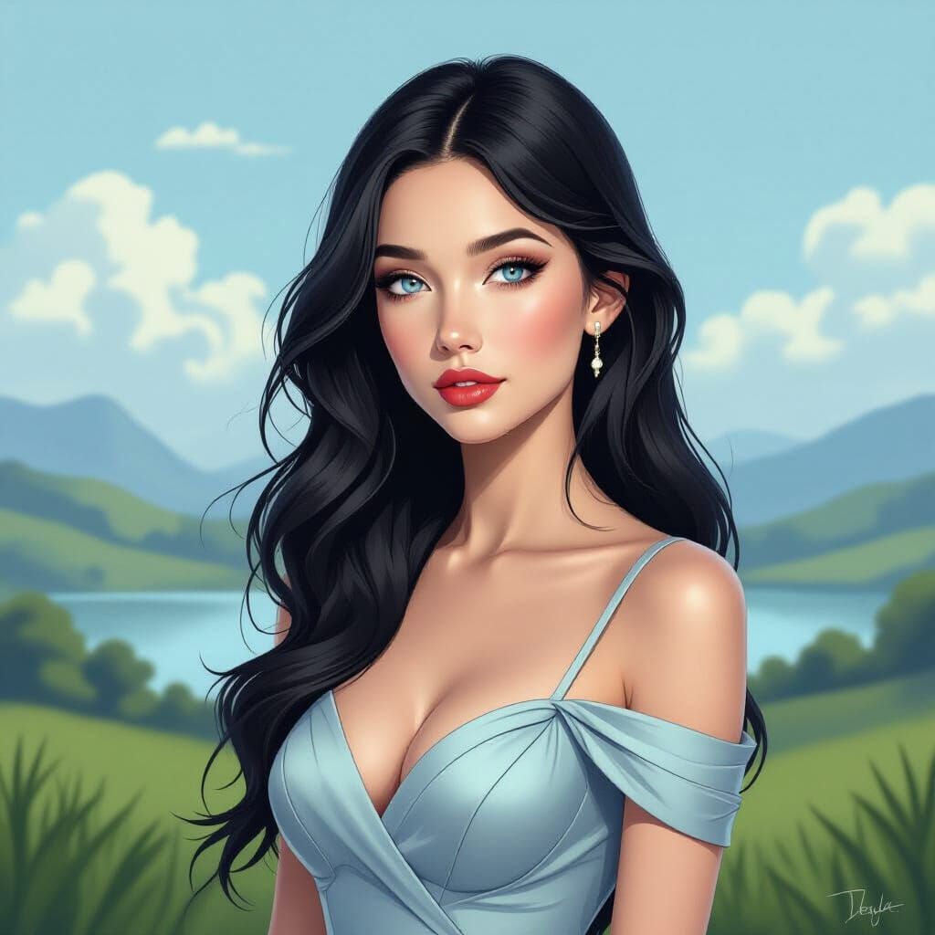 Photorealistic Portrait: Woman with Blue Eyes and Black Hair