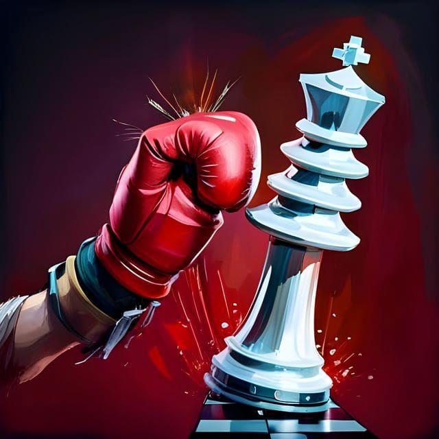Red Boxing Glove Punches Chess Piece: Digital Art