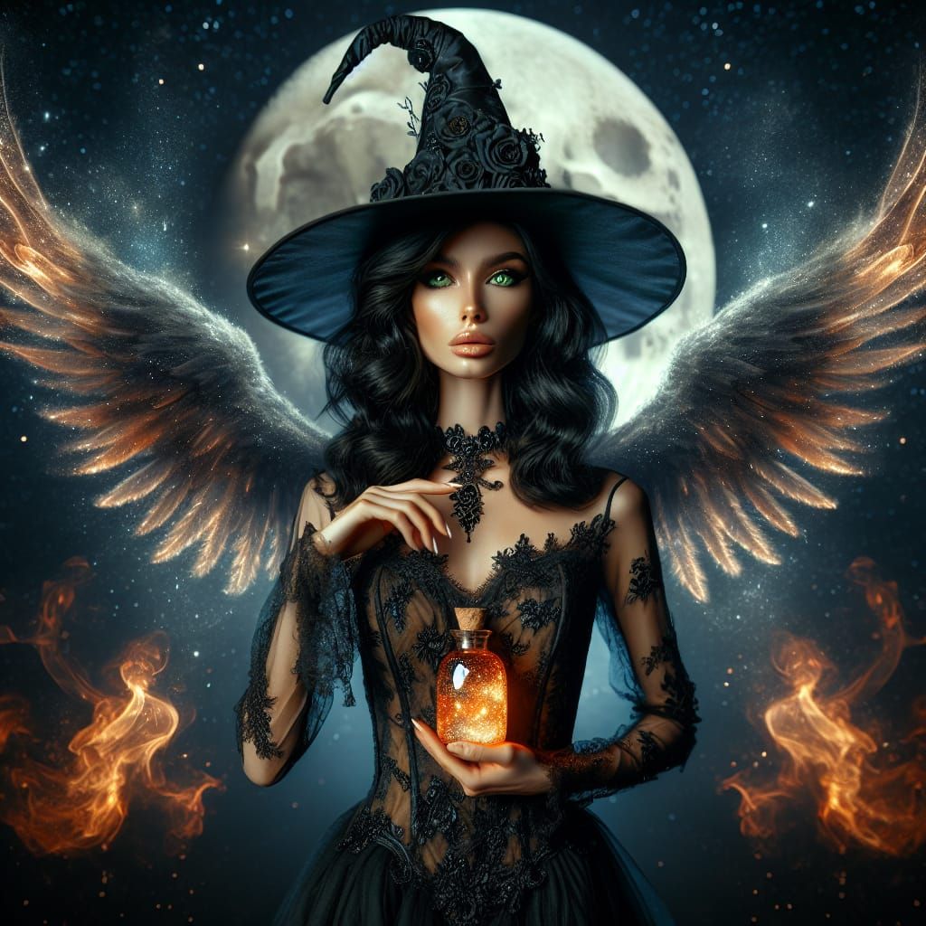 Enchanting Witch Holds Glowing Potion Under Crescent Moon