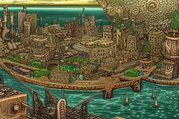 Steampunk Island City with Copper Architecture