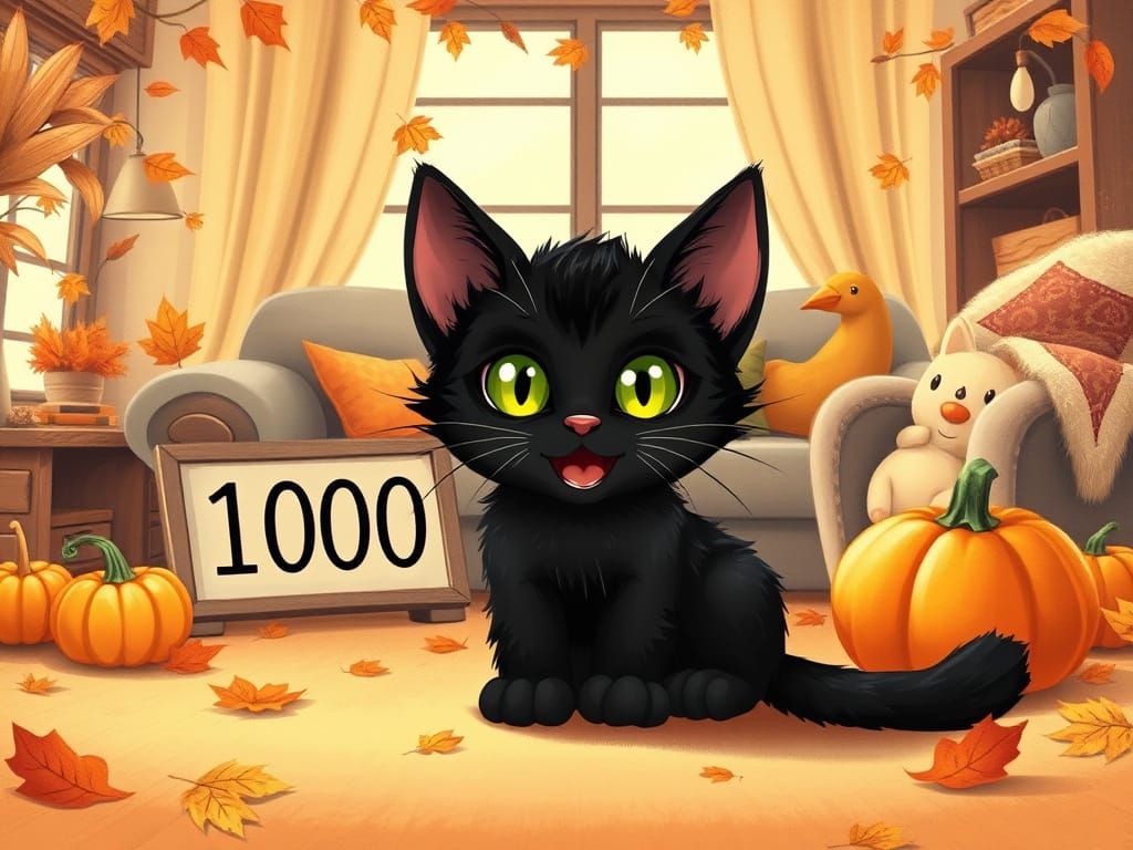 Cute Black Kitten in Cozy Autumn Living Room