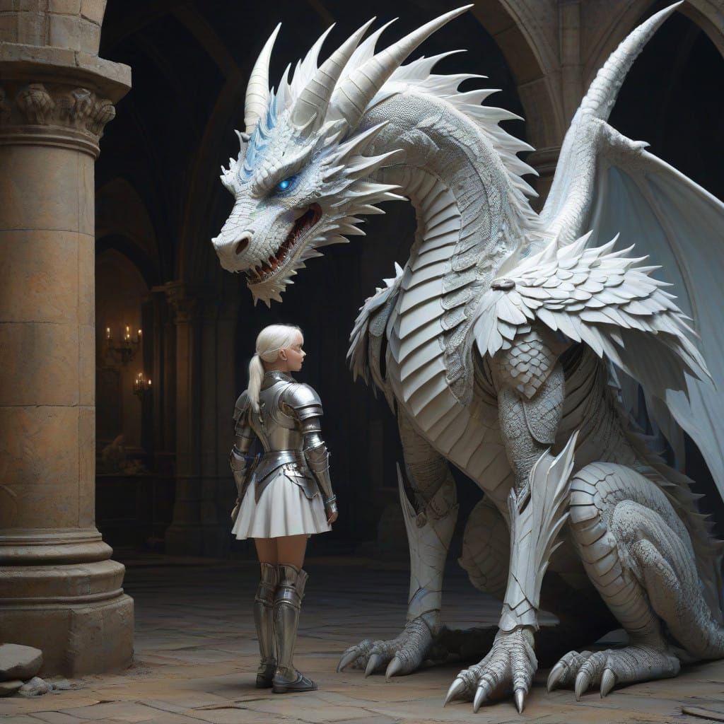 Heroic Knight Girl Stands Beside Majestic White Dragon in An...