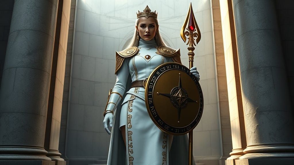 Regal Queen in Cyberpunk Armor Stands Guard, Radiant Ruby an...