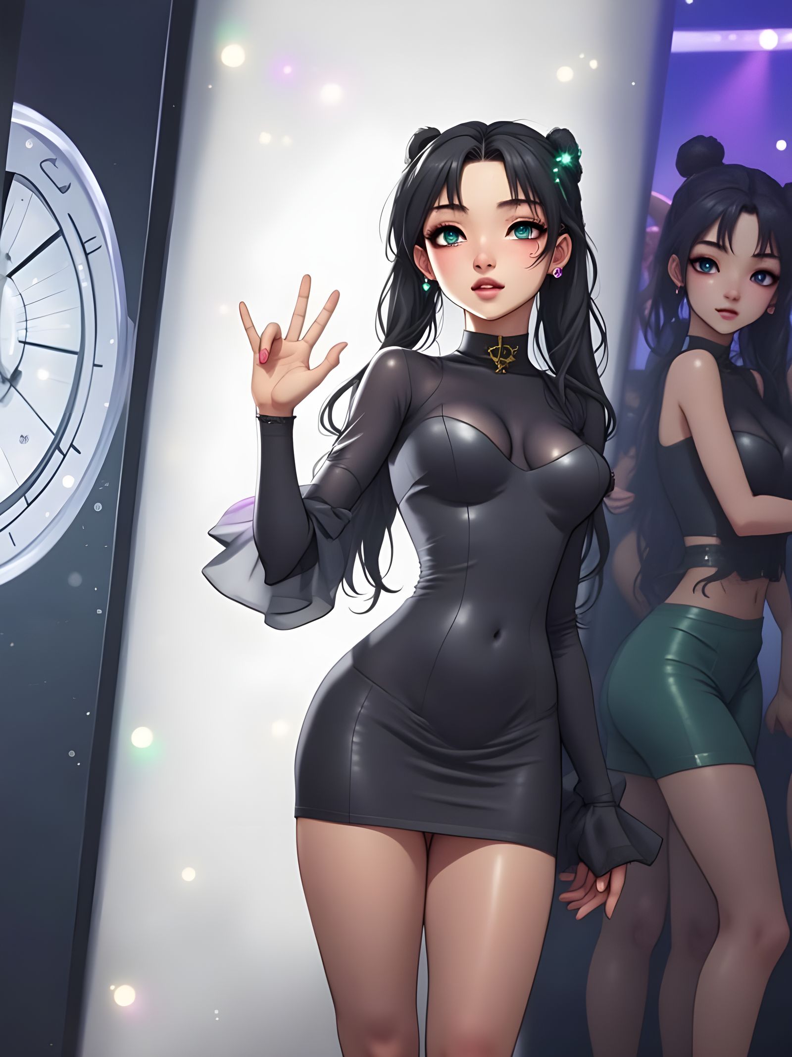 Charming Anime Girl at a Dance Club in a Black Minidress