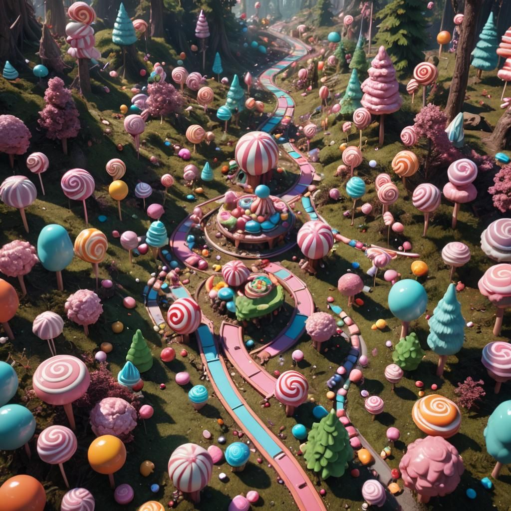 Make a realistic "candyland" with streets and woods and assorted candy