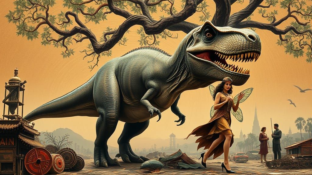 T-Rex and Fairy in Thailand, Photorealistic Style