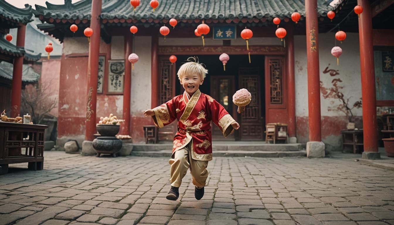 Blond Boy in Chinese Costume Reaching for Ice Cream