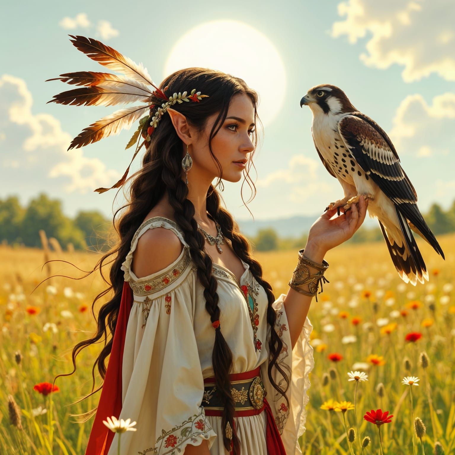 Elven Falconer in Meadow, Art Nouveau Illustration