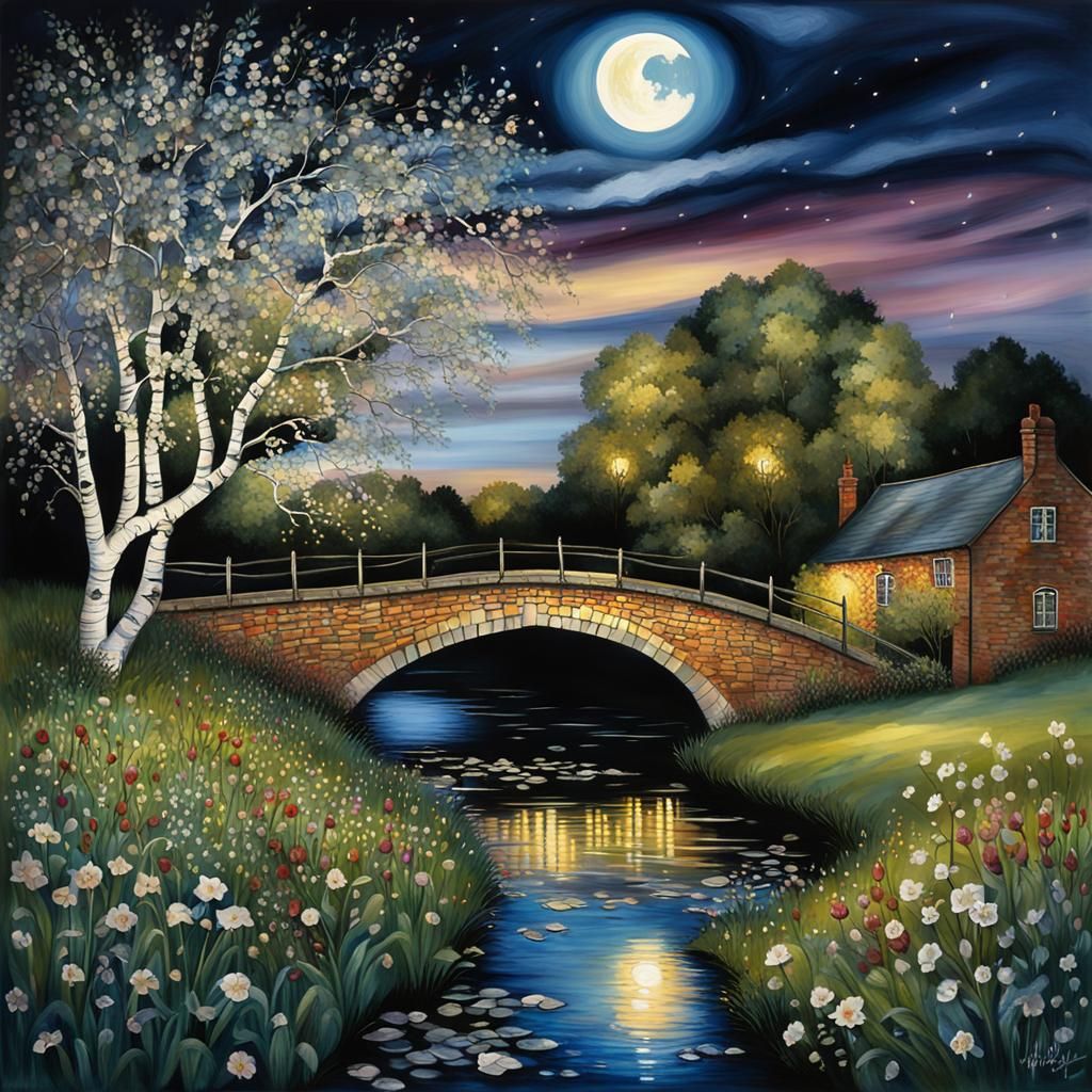 Moonlit Meadow with Flowered River, Alcohol Ink Art