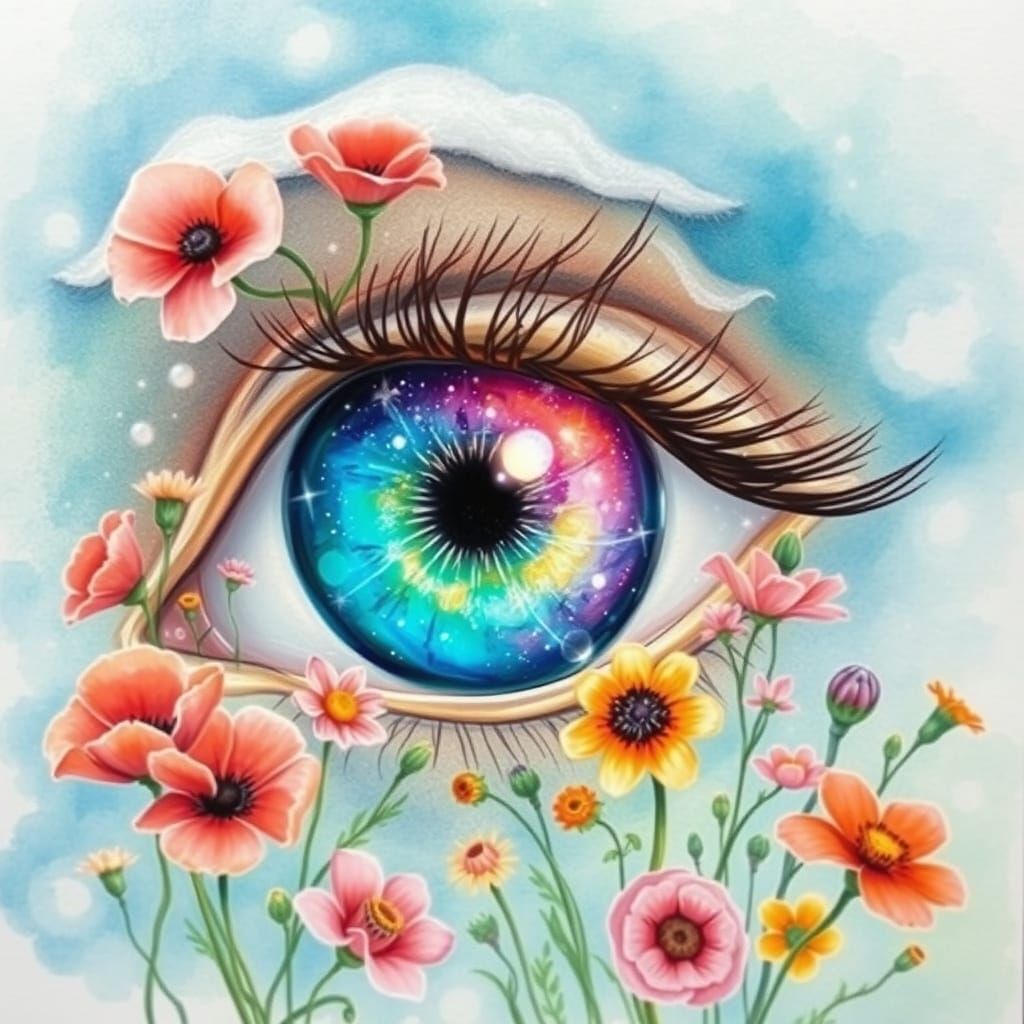 Galaxy Eye with Flowers in Watercolor Crayon Style