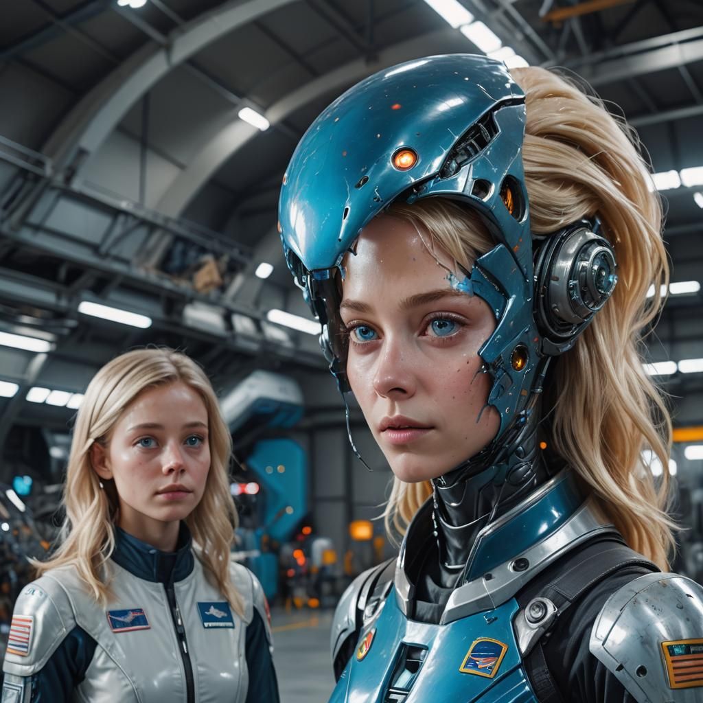 Blue-Grey Alien and Astronaut in Hangar: Sci-Fi Art