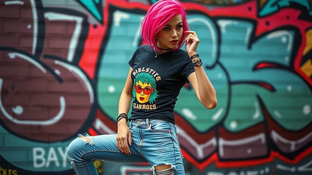 Punk Girl in Urban Setting with Film Grain Aesthetic