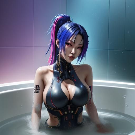 Cyberpunk Japanese Woman in Bath: Hyperrealistic Art