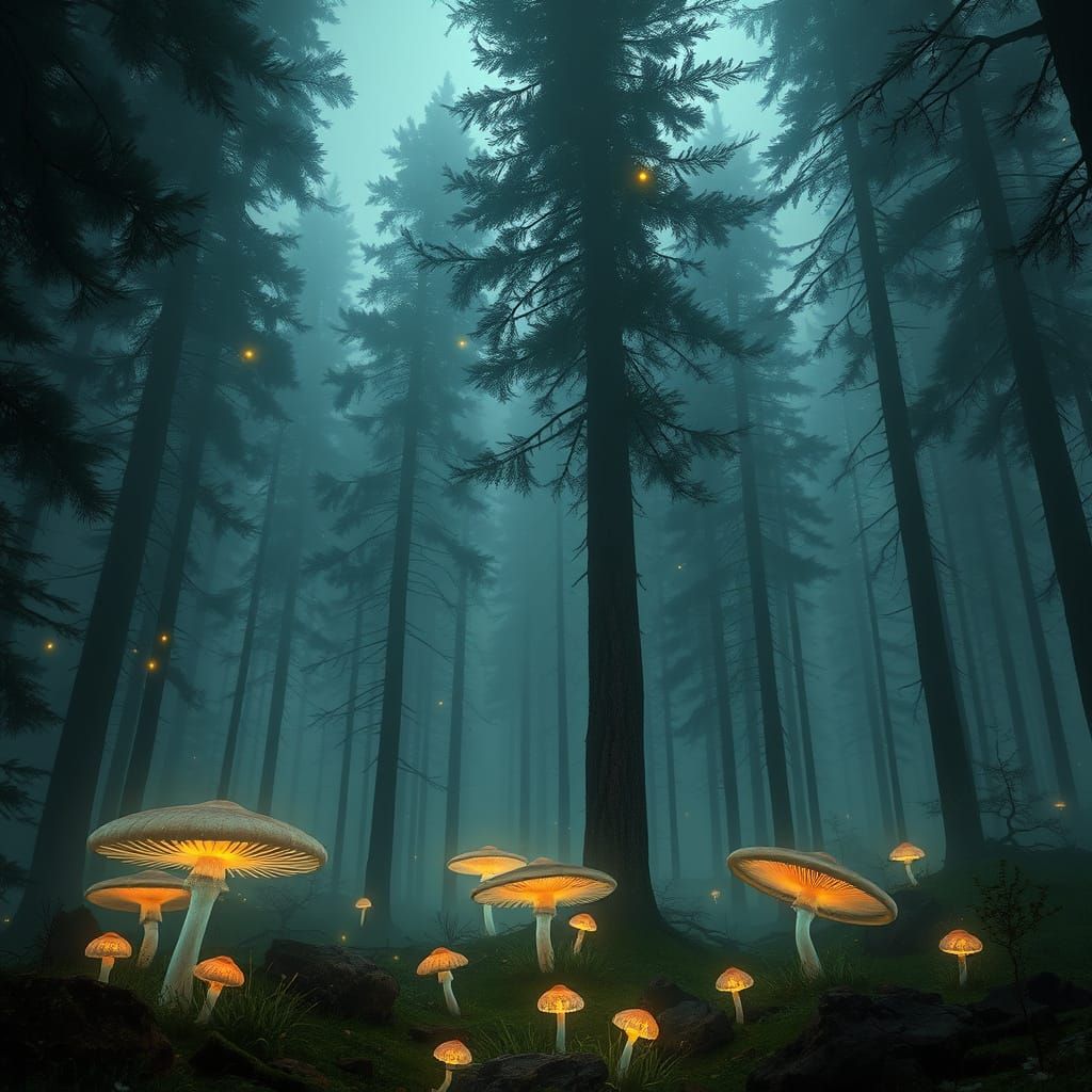 Enchanted Foggy Forest with Glowing Mushrooms