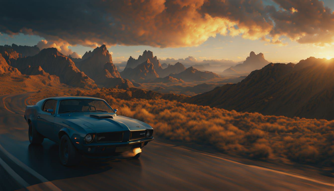 Car Drives Out of Darkness in Golden Hour