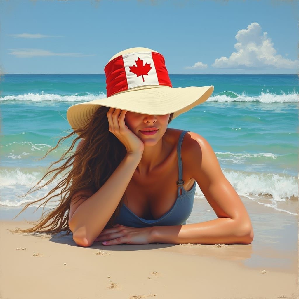 Woman on Beach in Realistic Acrylic Painting Style
