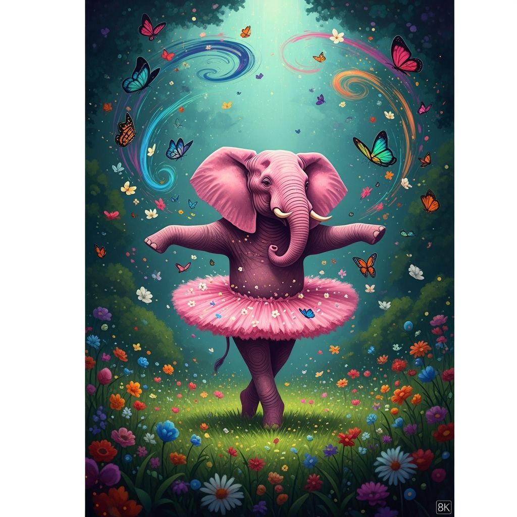 Pink Elephant Ballet in Colorful Meadow as Matte Painting