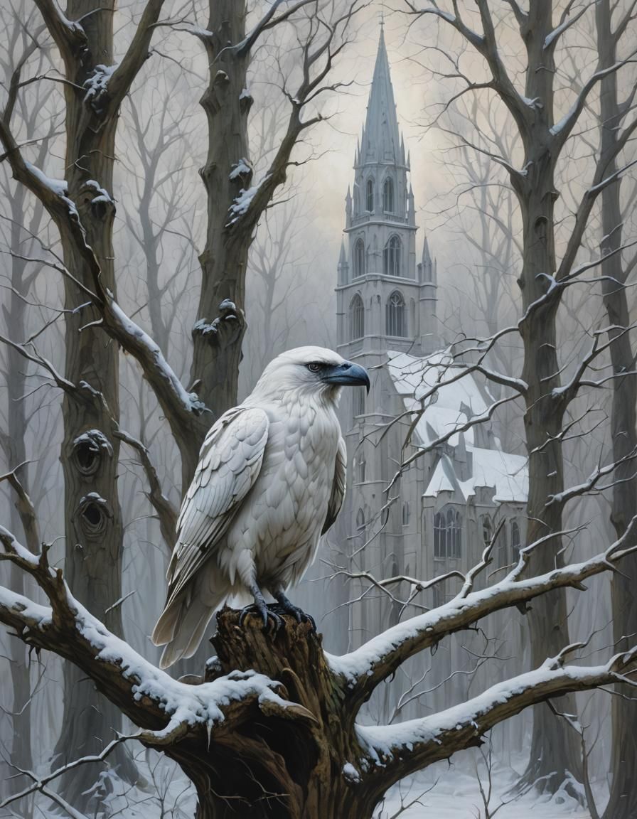 Ghostly White Raven Portrait in Winter Woods
