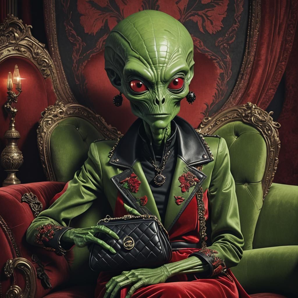 Vogue Cover: Green Alien with Purse on Red Couch