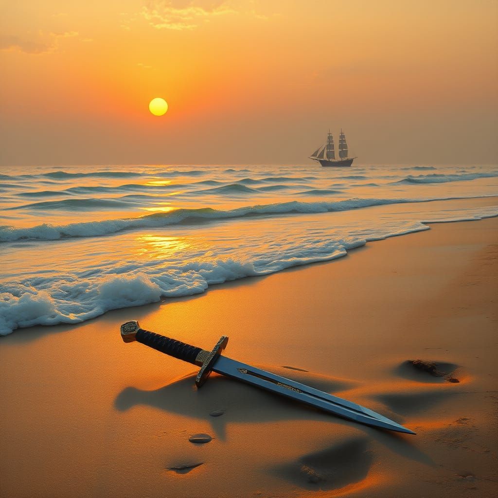 Sunset Beach with Pirate Ship in Romantic Style