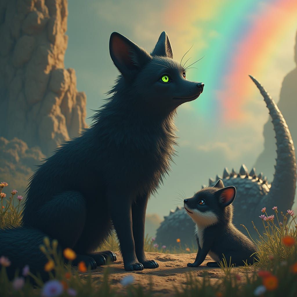 Majestic Black Fox Surrounded by Rainbow, Dragon, and Hamste...