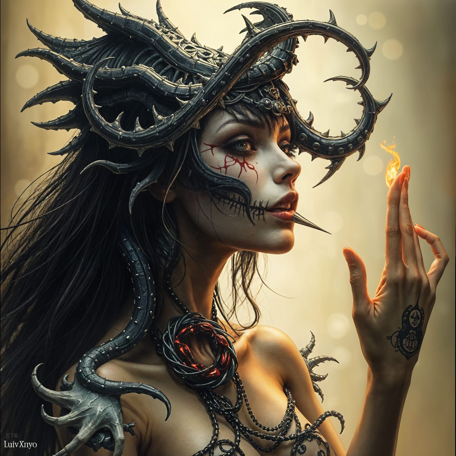 Macabre Fantasy Art Fusion in Royo & Sorayama Styles