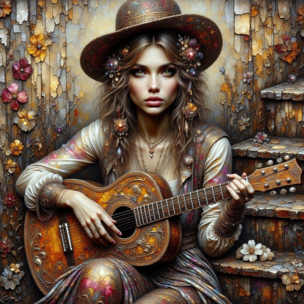 Musician Girl with Dog in Oil Painting Style