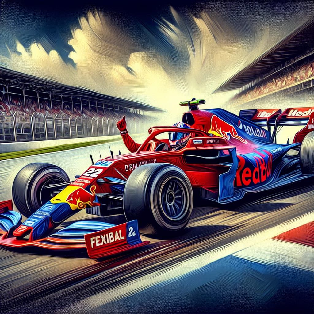 Race Car Victory in Barcelona, Oil Painted