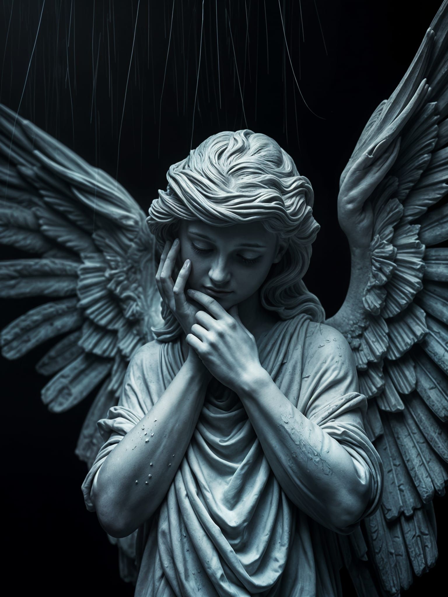 Weeping Angel Sculpture in Dramatic Stone Portrait