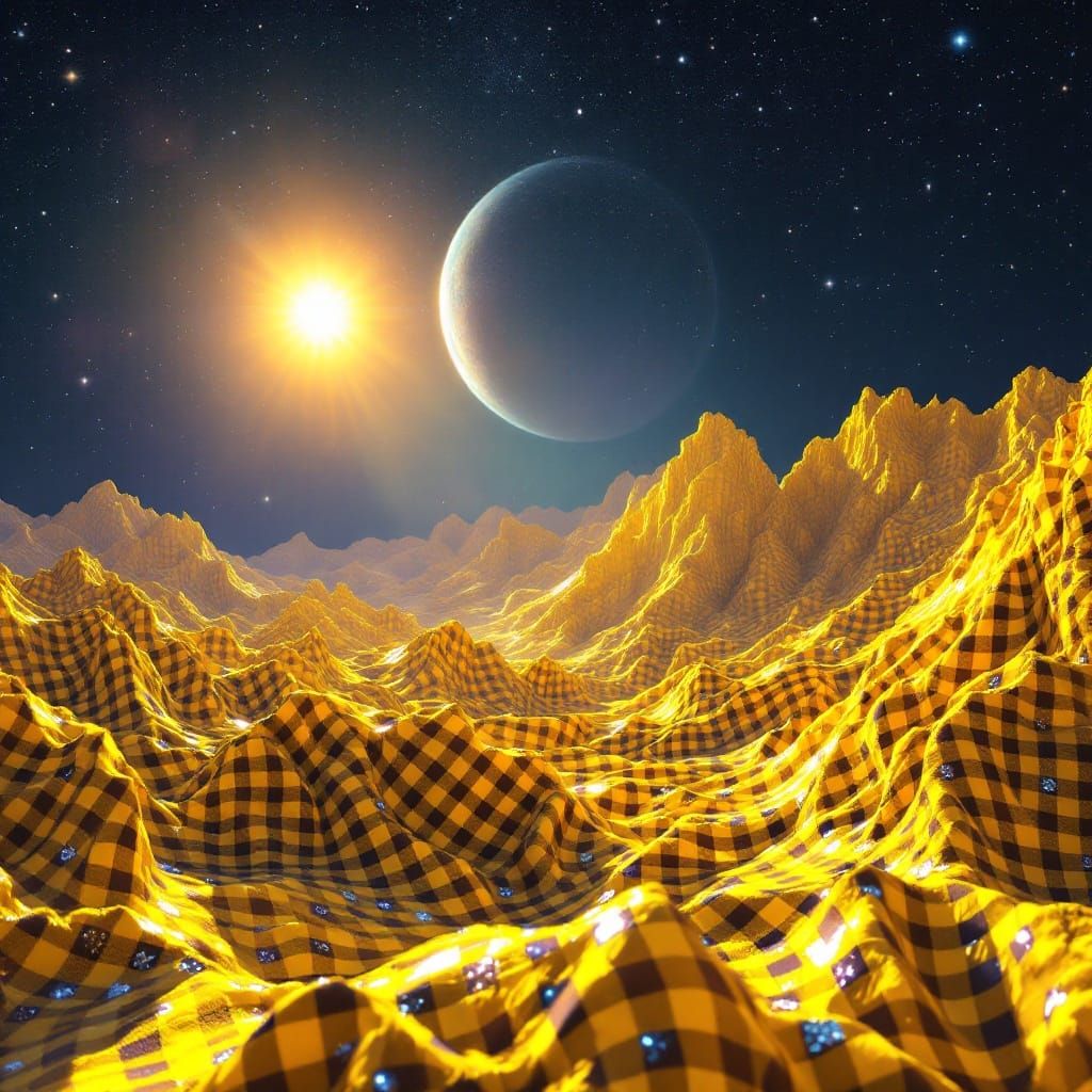 Surreal Sci-Fi Planet in Vibrant Gingham, Illuminated by a B...