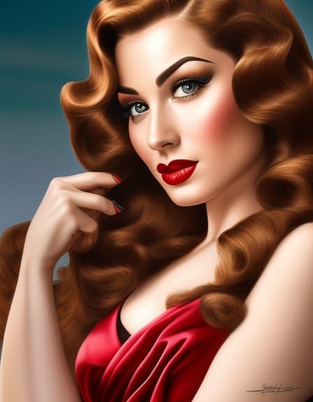 Pin-up Goddess with Flowing Red Hair in 3D Style