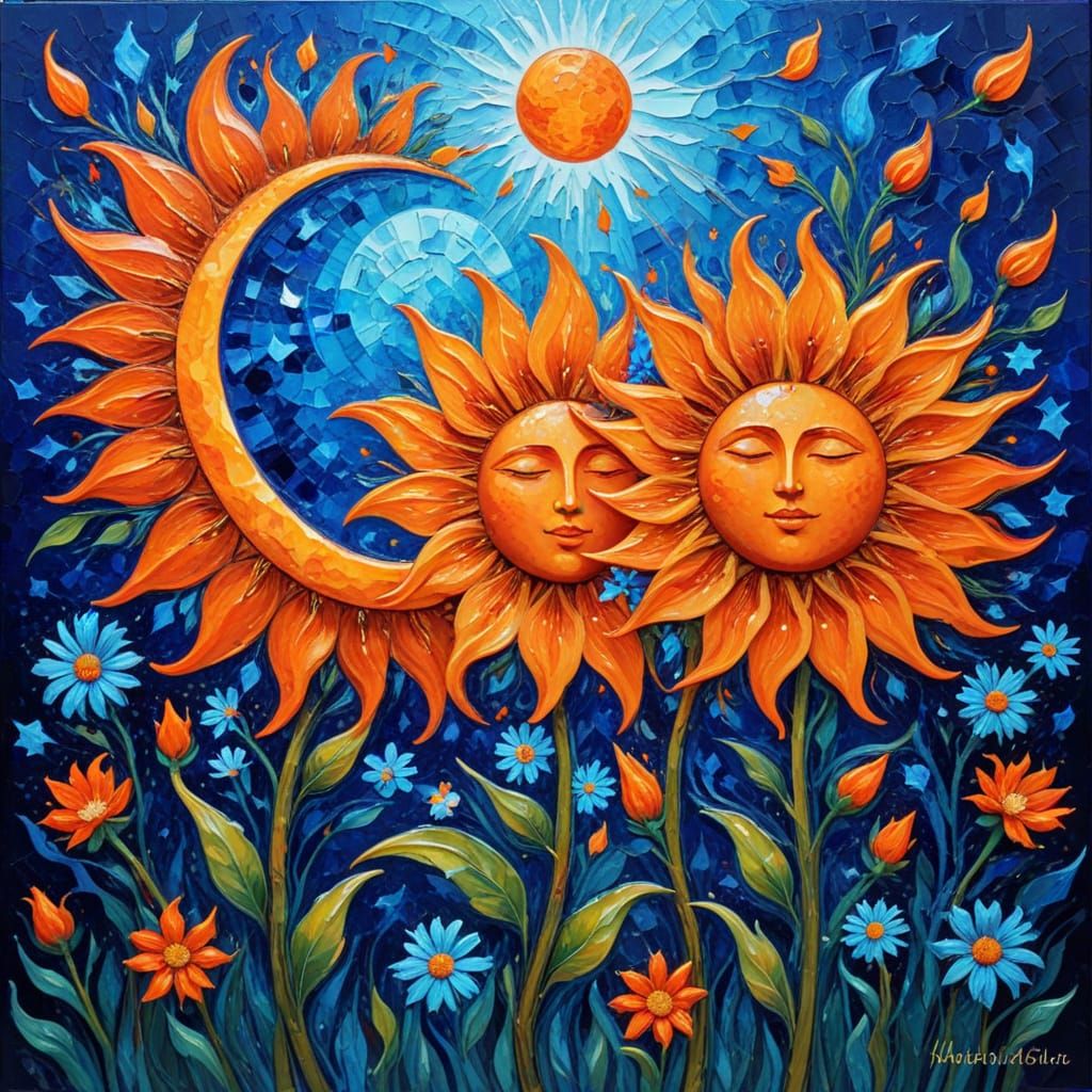 Dual Fire & Ice Sun-Moon With Floral Inlays