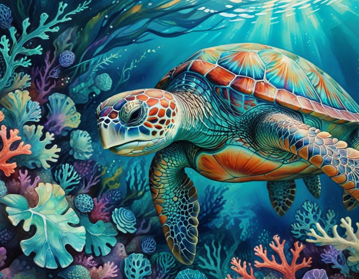 Sea Turtle Grazing in Coral Reef: Watercolor Painting