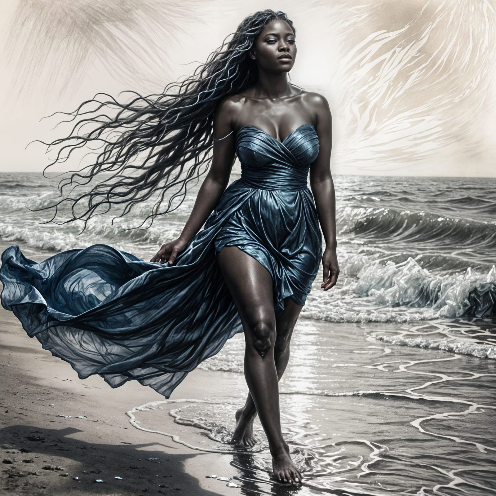 Ebony Woman on Beach: Charcoal Sketch in Art Styles