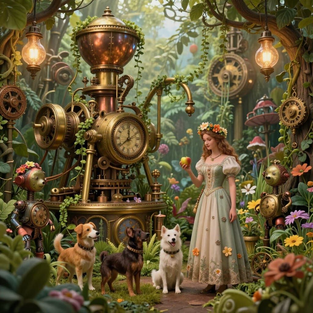 Steampunk Garden of Eden with Adam and Eve