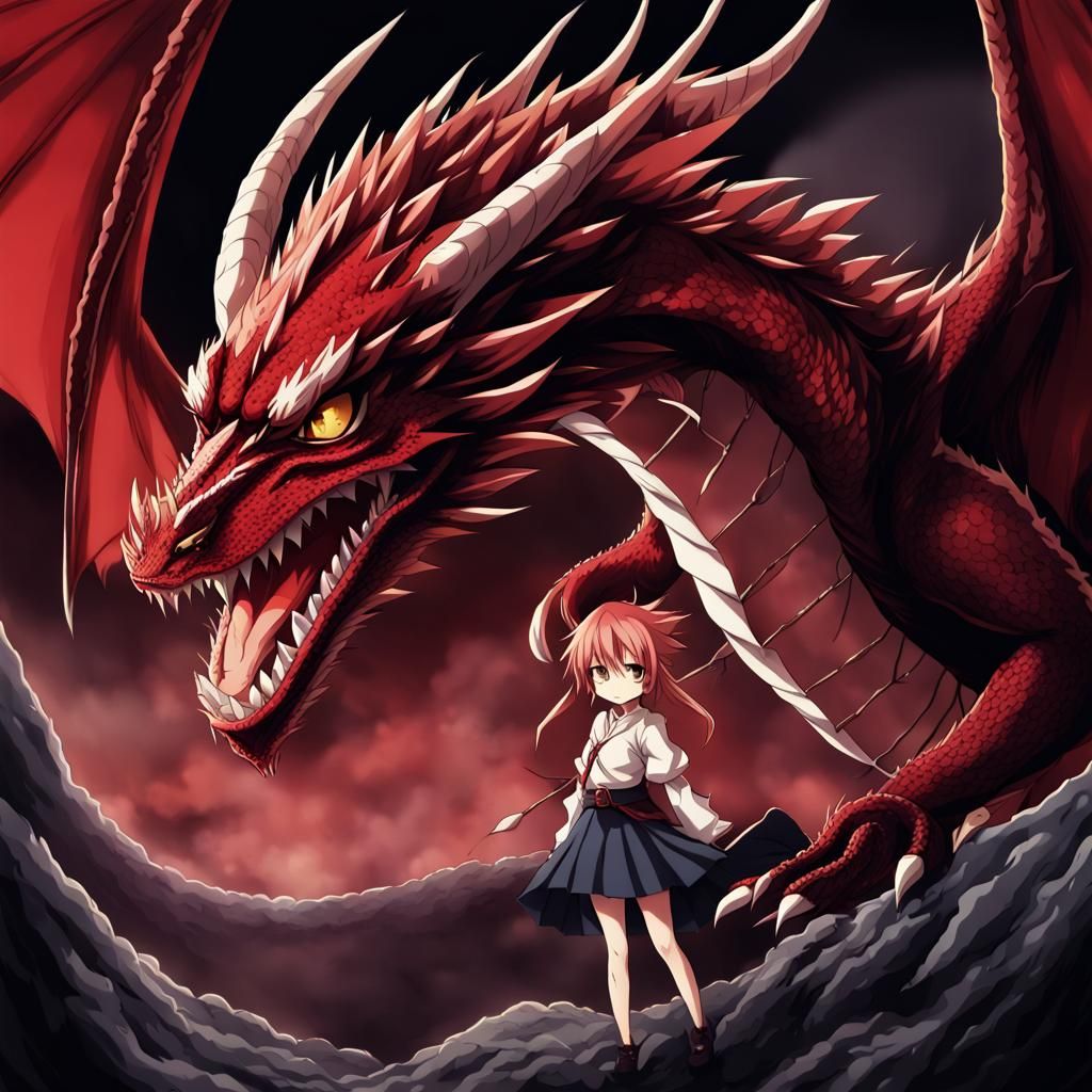 Fearsome Red Dragon in Dark Anime Style
