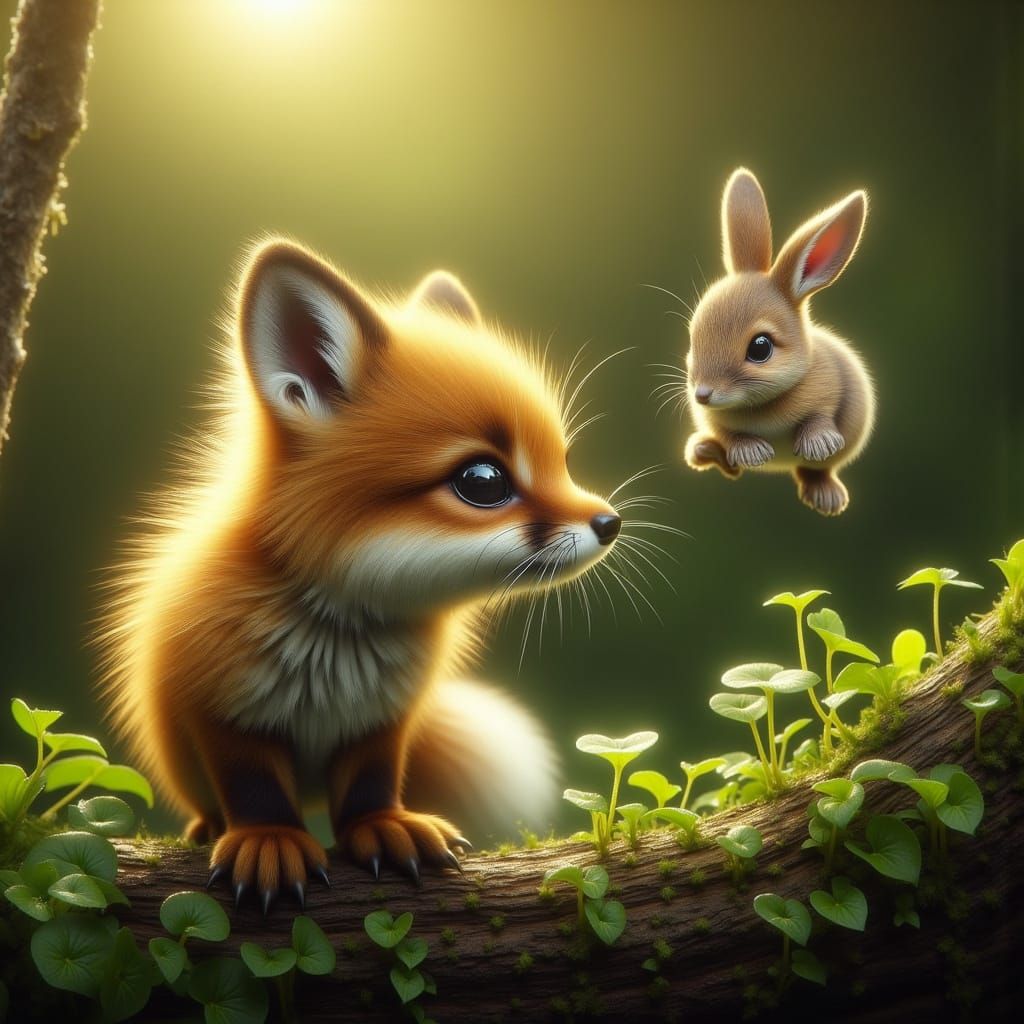 Photorealistic Fennec Fox Hunts Hare in Strange Forest